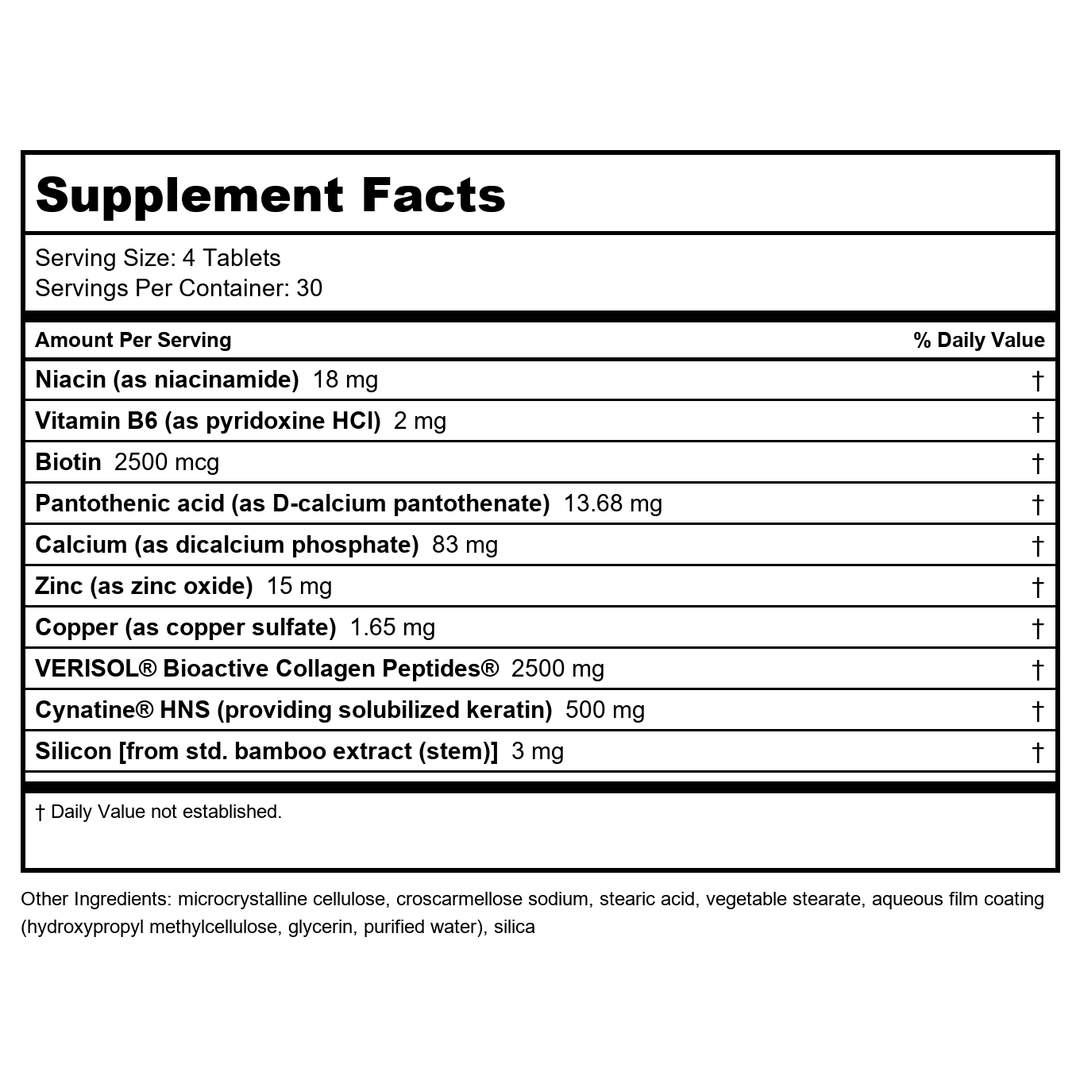 Life Extension Hair, Skin &amp; Nails Collagen Plus Formula 120 Tablets - Supplement Facts panel
