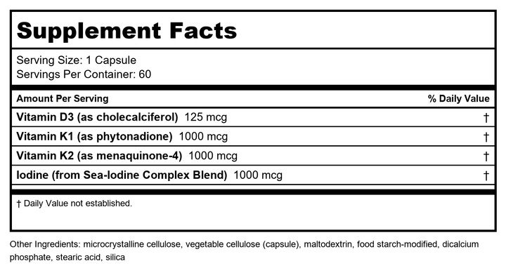 Life Extension Vitamins D and K with Sea-Iodine 60 Capsules - Supplement Facts panel