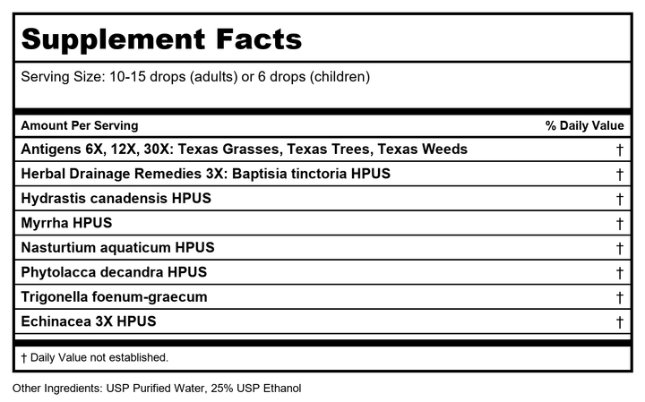 Progena Allergena Texas Trees 2oz - Supplement Facts panel