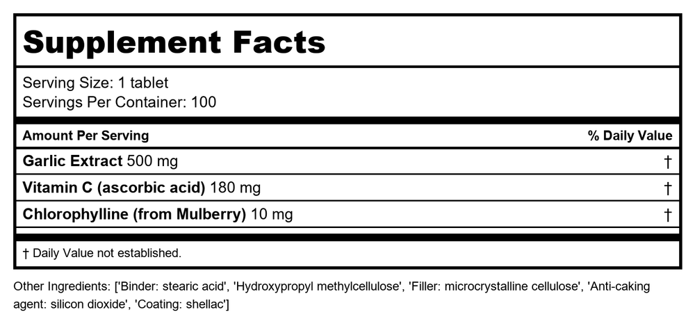 Biotics Research Garlic Plus 100 Tablets - Supplement Facts panel