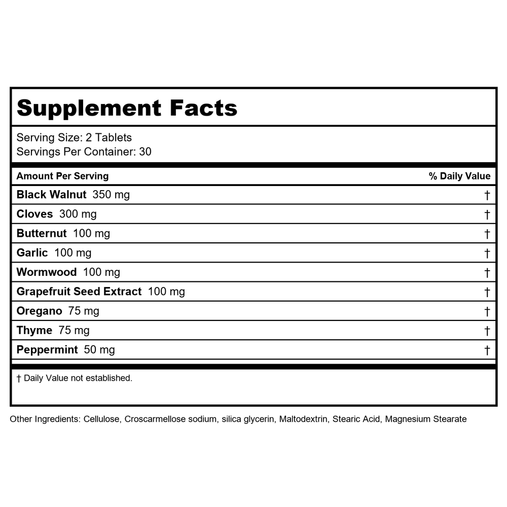 Natural Balance Parazide Clenz 60 Tablets - Supplement Facts panel