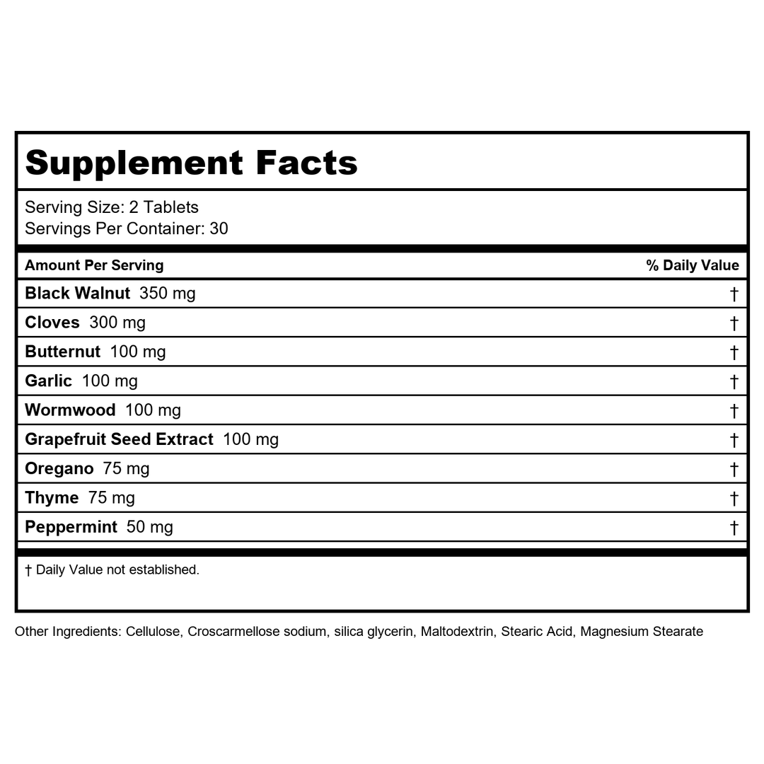 Natural Balance Parazide Clenz 60 Tablets - Supplement Facts panel