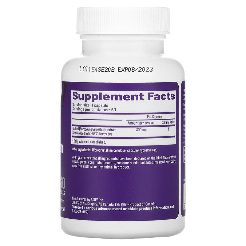 AOR Bacopa Enlighten 60 Vcaps - Supplement Facts panel