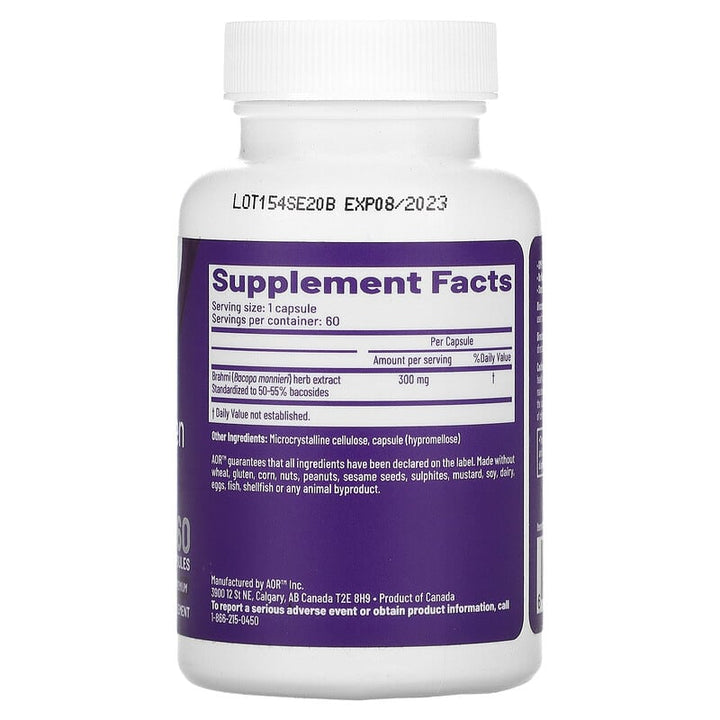 AOR Bacopa Enlighten 60 Vcaps - Supplement Facts panel