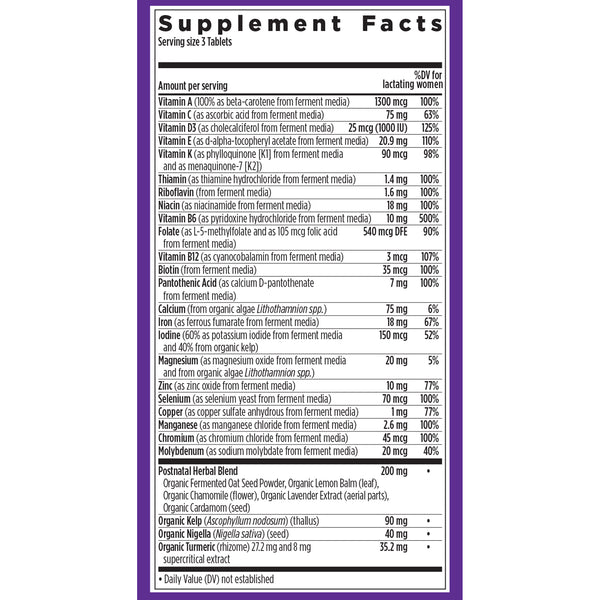 New Chapter Perfect Postnatal Multivitamin 96 Tablets - Supplement Facts panel