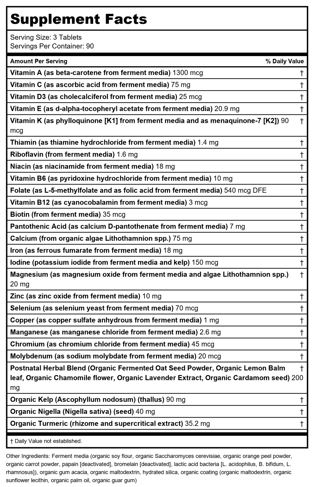 New Chapter Perfect Postnatal Multivitamin 270 Tablets - Supplement Facts panel