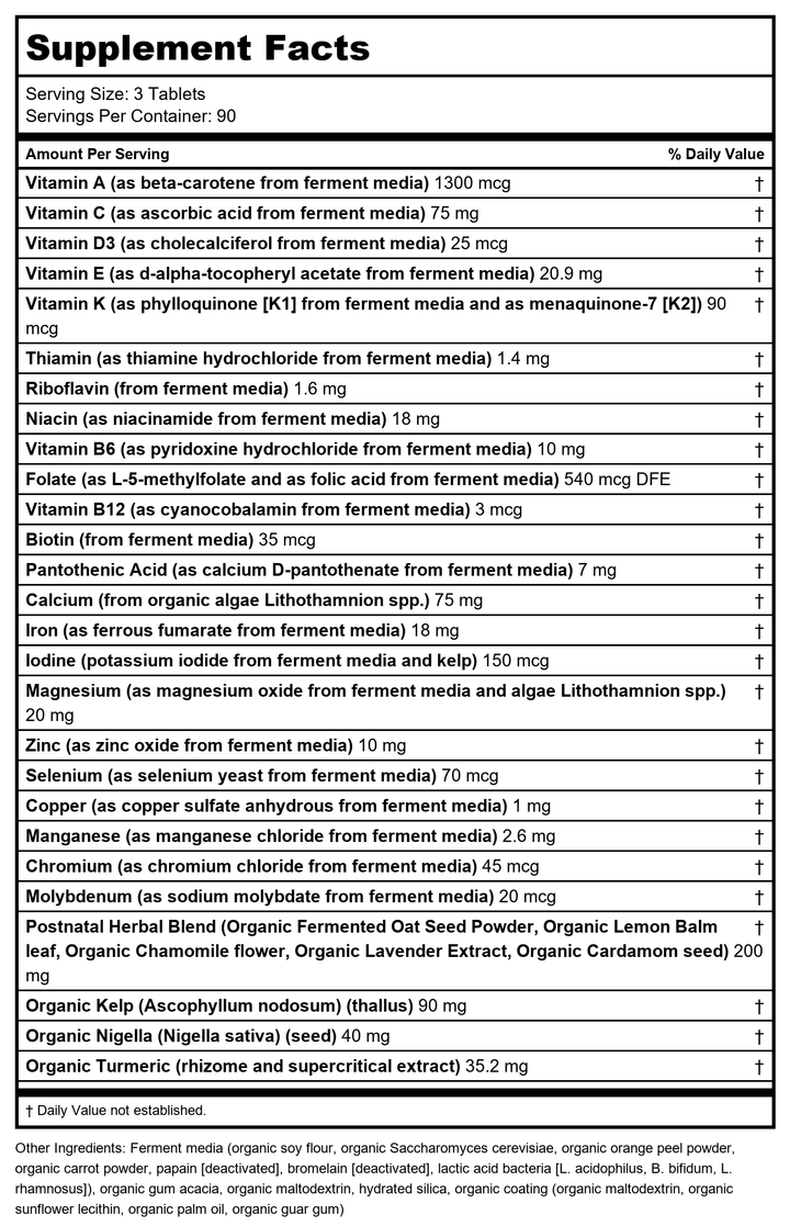 New Chapter Perfect Postnatal Multivitamin 270 Tablets - Supplement Facts panel