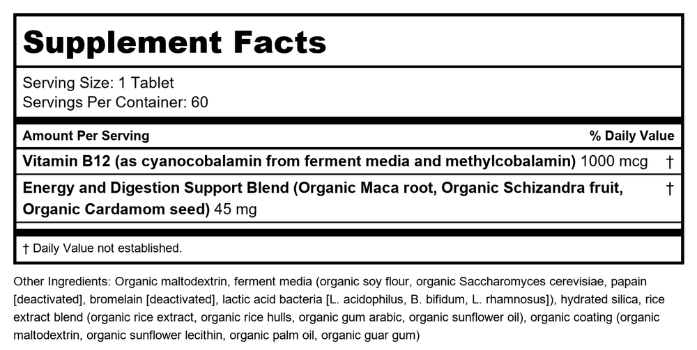 New Chapter - Fermented Vitamin B12 + Whole-Food Herbs 1000 mcg. - 60 Vegan Tablets - Supplement Facts panel