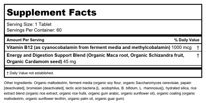 New Chapter - Fermented Vitamin B12 + Whole-Food Herbs 1000 mcg. - 60 Vegan Tablets - Supplement Facts panel