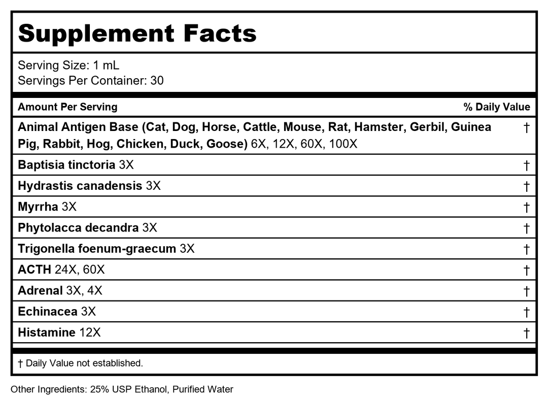 Progena Allergena Pet Dander 1oz - Supplement Facts panel