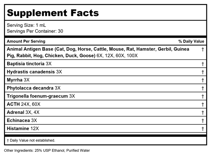 Progena Allergena Pet Dander 1oz - Supplement Facts panel
