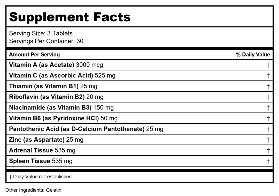 Progena Adrenal Plus 90 Tablets - Supplement Facts panel