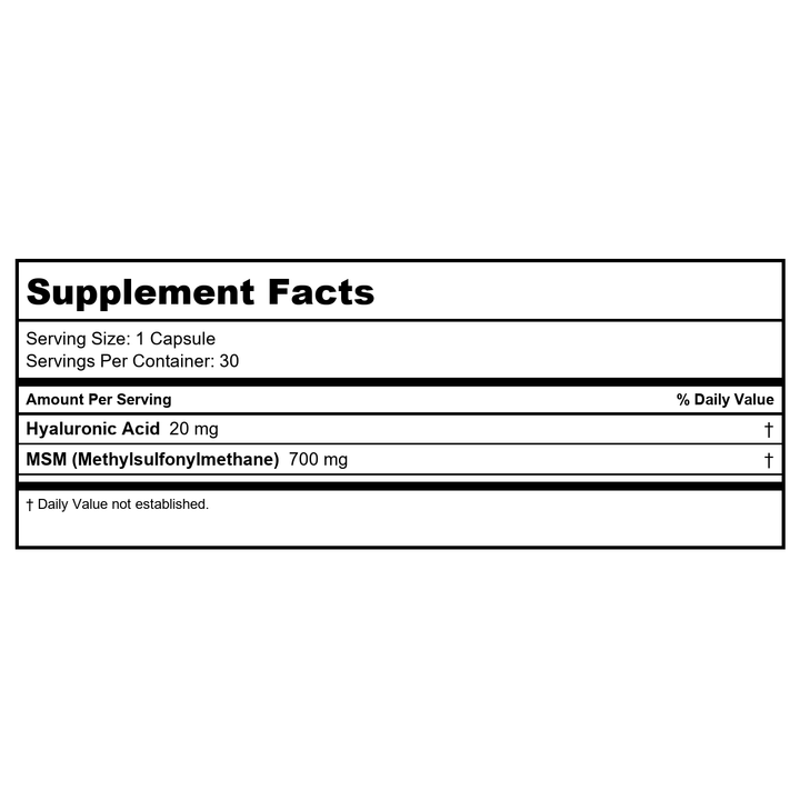 Thompson - Hyaluronic Acid MSM - 30 Capsules - Supplement Facts panel