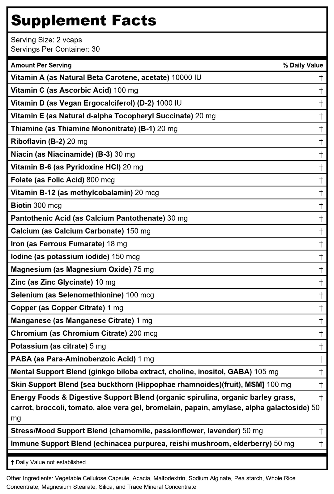 VegLife - Vital Teen Girls Multiple Vitamins &amp; Minerals - 60 Vegan Capsules - Supplement Facts panel