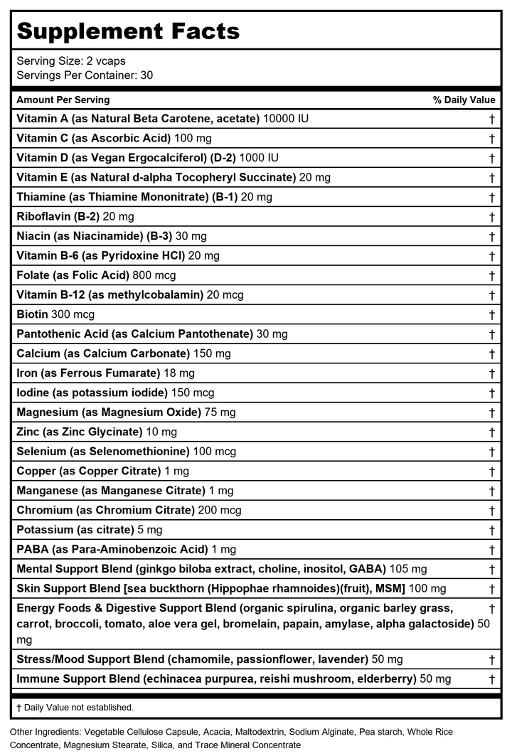 VegLife - Vital Teen Girls Multiple Vitamins &amp; Minerals - 60 Vegan Capsules - Supplement Facts panel