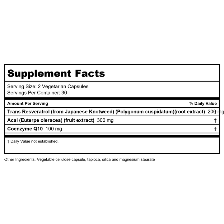 LifeTime Vitamins - Resveratrol Acai &amp; Co-Q10 - 60 Vegetarian Capsules - Supplement Facts panel