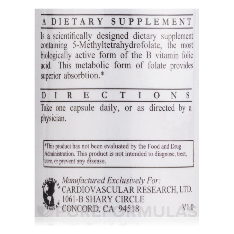 Cardiovascular Research / Ecological L-Methylfolate 1000mcg 100 Capsules - Supplement Facts panel