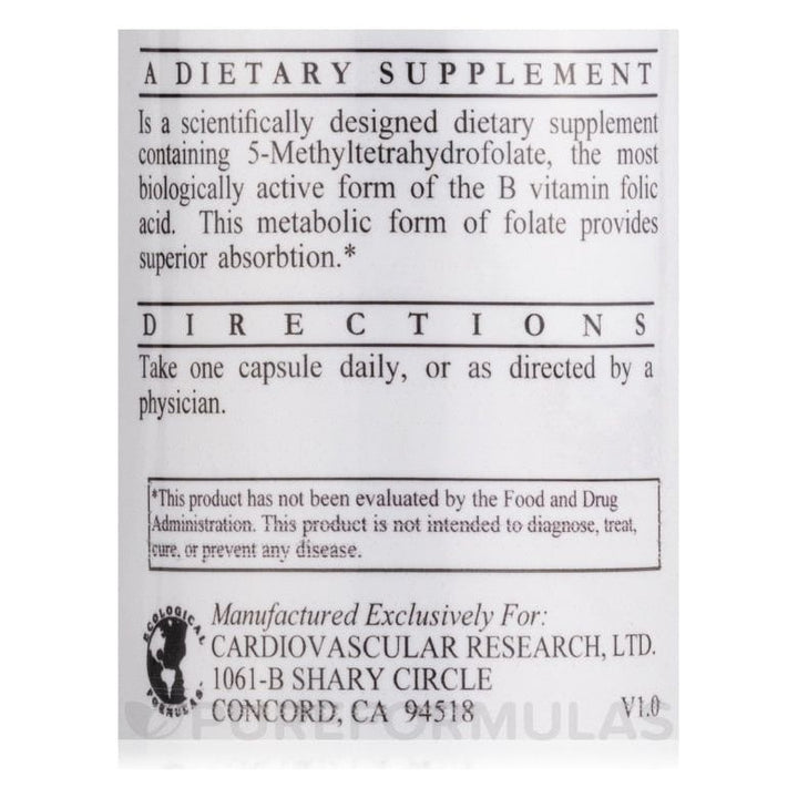 Cardiovascular Research / Ecological L-Methylfolate 1000mcg 100 Capsules - Supplement Facts panel