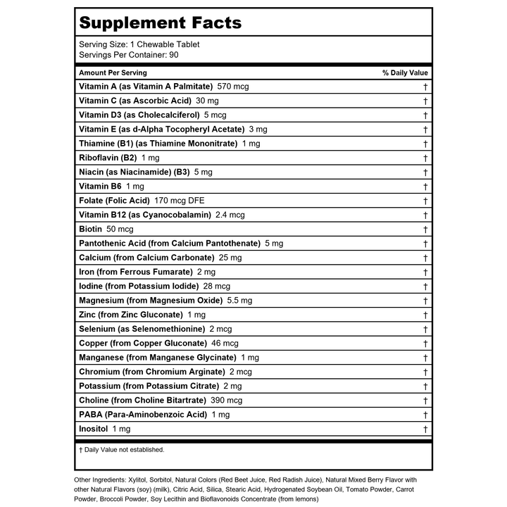 Kal - Dinosaurs Multisaurus Vitamins &amp; Minerals Mixed Berry - 90 Chewable Tablets  PN 60212 - Supplement Facts panel