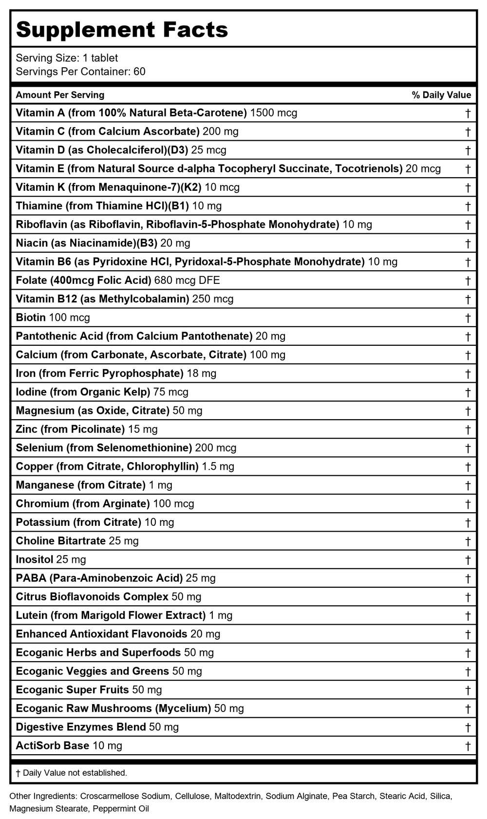 Kal - Enhanced Energy Once Daily Whole Food Multivitamin Iron Free - 60 Vegetarian Tablets - Supplement Facts panel