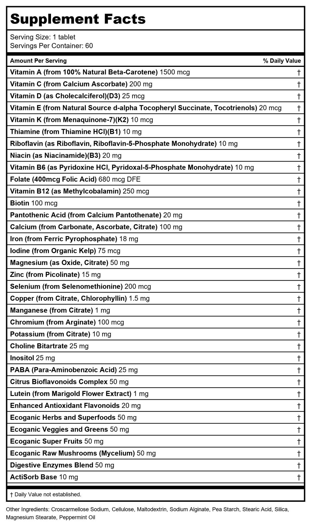 Kal - Enhanced Energy Once Daily Whole Food Multivitamin Iron Free - 60 Vegetarian Tablets - Supplement Facts panel