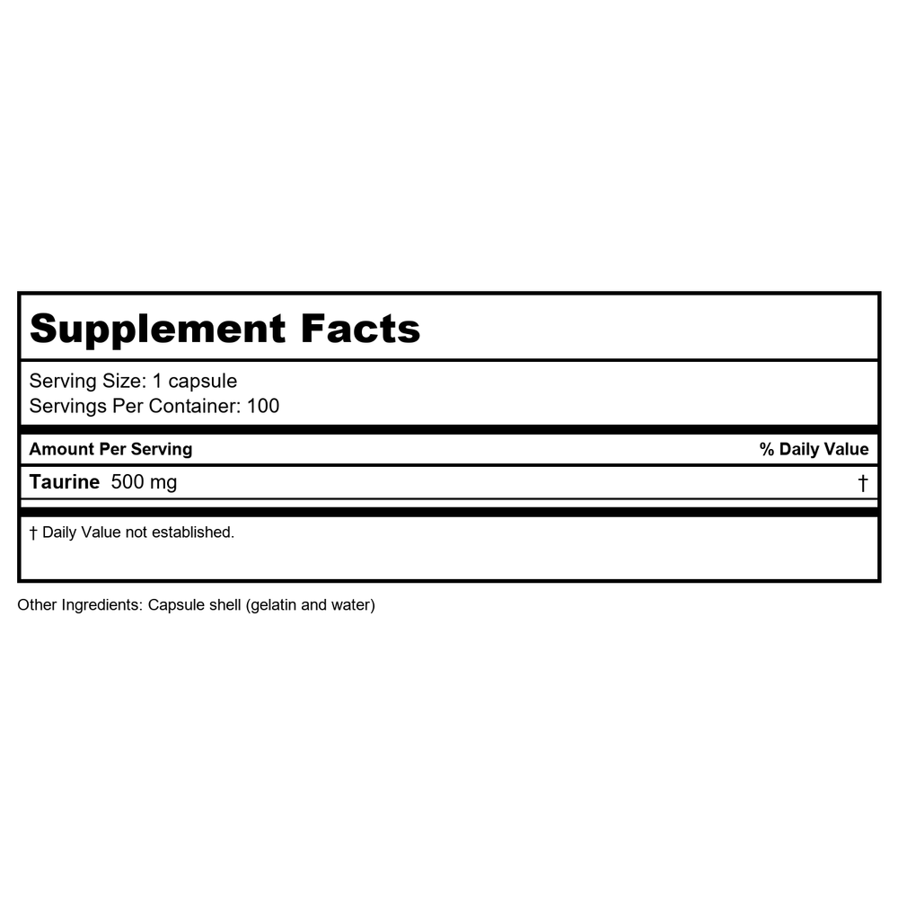 Biotics Research Taurine 100 Capsules - Supplement Facts panel