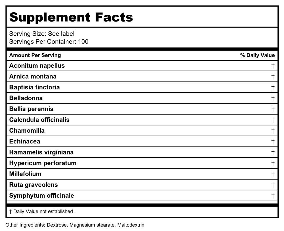 Medinatura T-Relief Arnica +12 Lasting Pain Relief Muscles Joints Back 100 Tablets - Supplement Facts panel