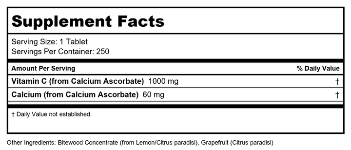 Kal - C Buffered Sustained Released 1000 mg. - 250 Tablets - Supplement Facts panel