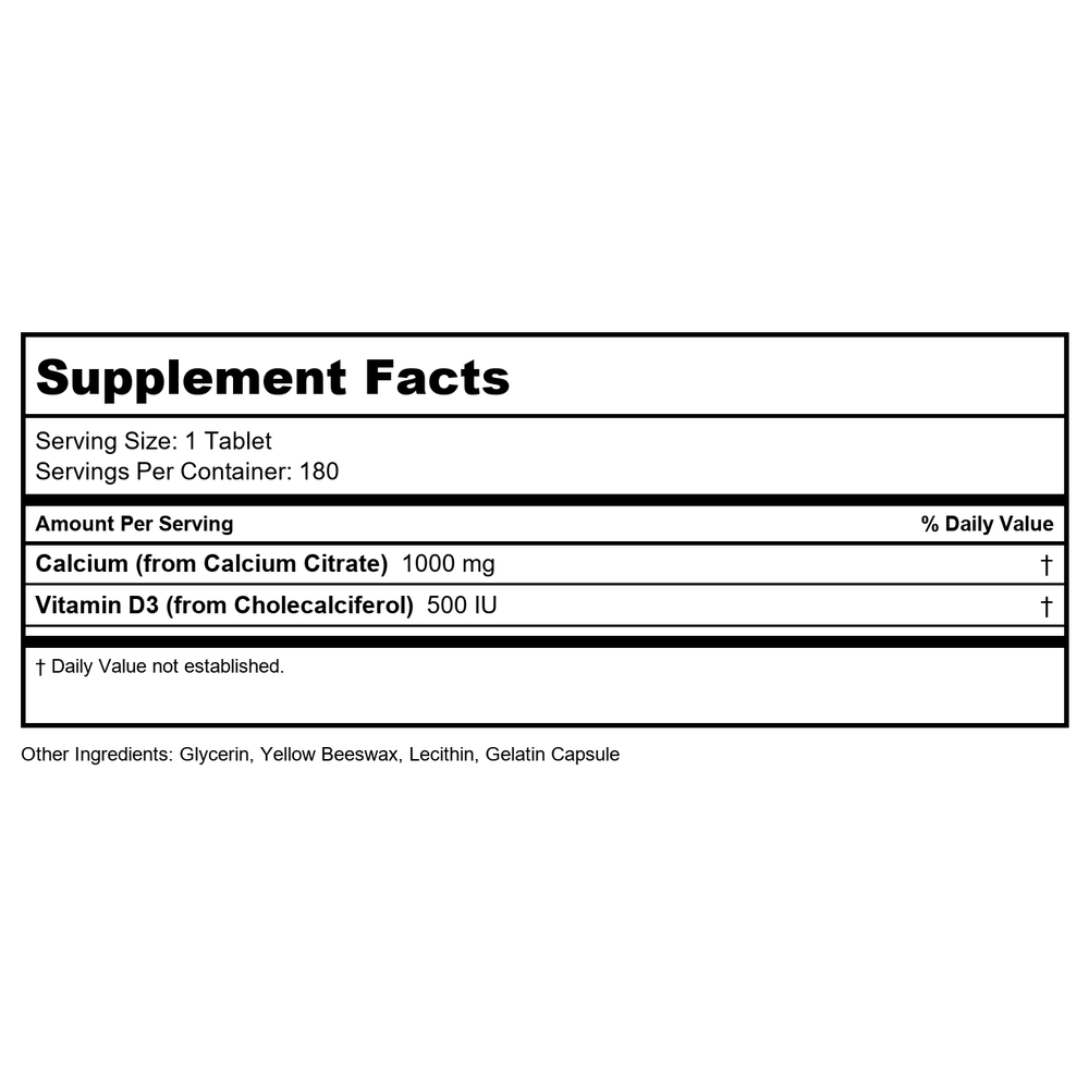 Kal - Calcium Citrate D3 1000 mg. - 180 Tablets - Supplement Facts panel