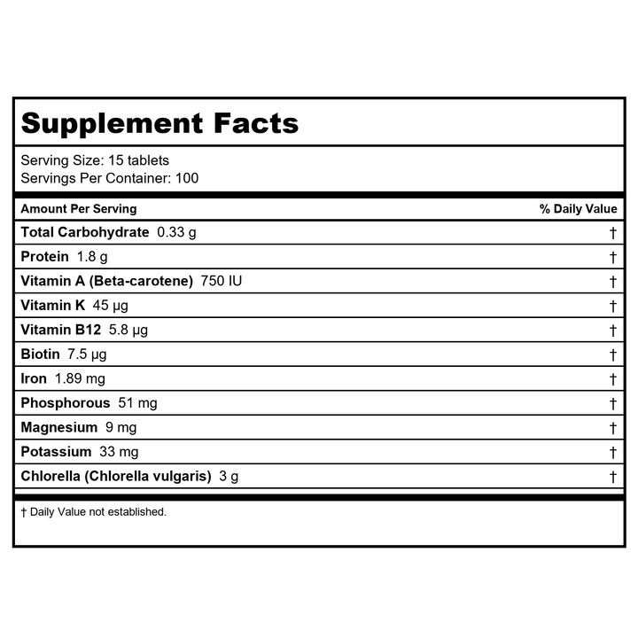 Chlorenergy - Dietary Chlorella - 1500 Tablets - Supplement Facts panel