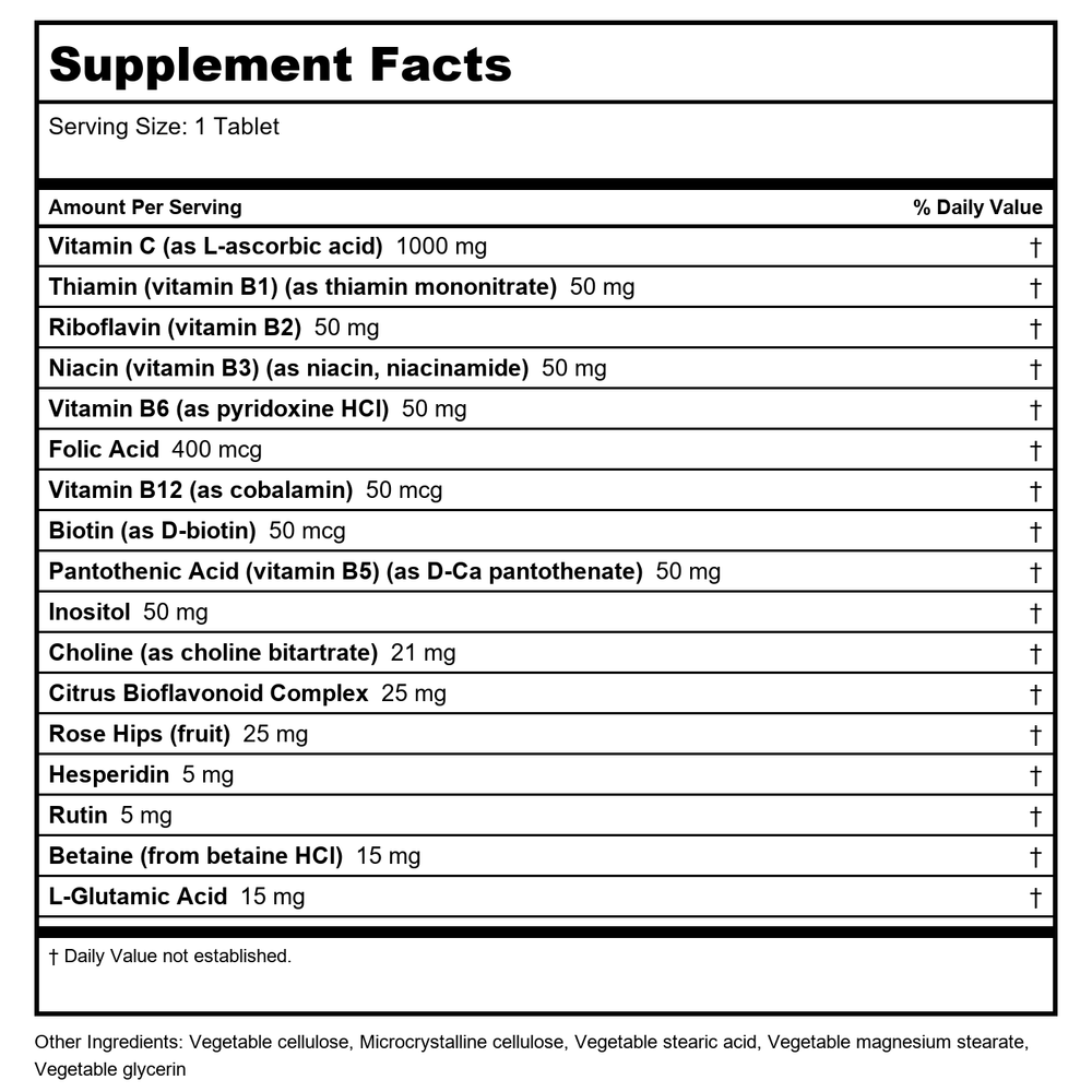 Solgar - Ultimate B+C Complex Stress Formula - 90 Tablets - Supplement Facts panel