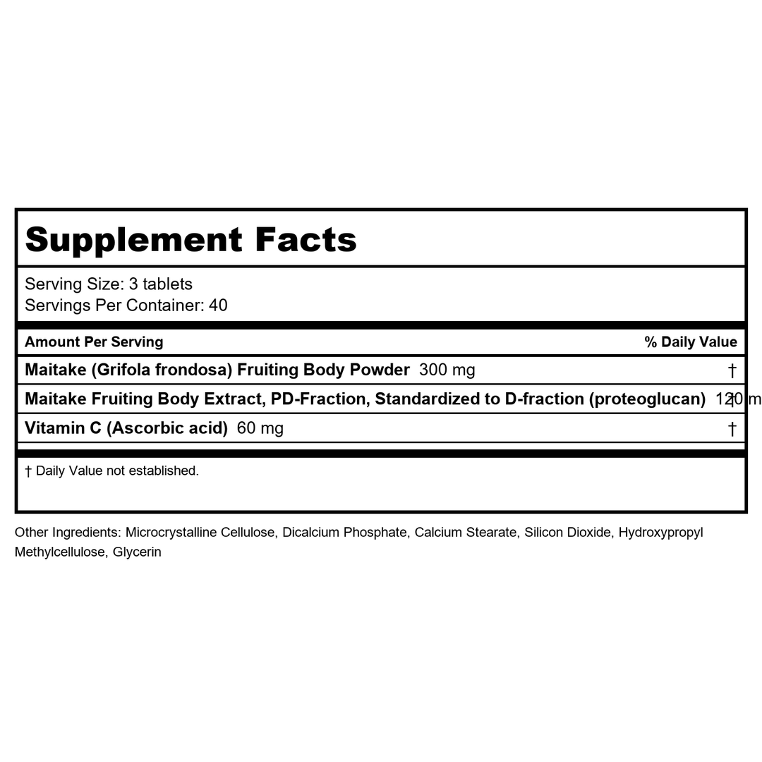 Mushroom Wisdom - Grifron Pro Maitake D Fraction 4X - 120 Tablets Formerly Maitake Products - Supplement Facts panel