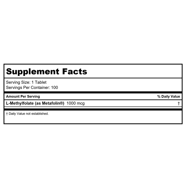 Life Extension Optimized Folate 1000mcg 100 Tablets - Supplement Facts panel