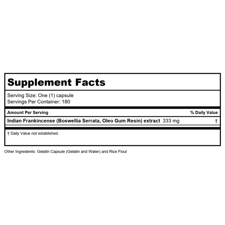 Progena Boswellia Serrata Extract 180 Capsules - Supplement Facts panel