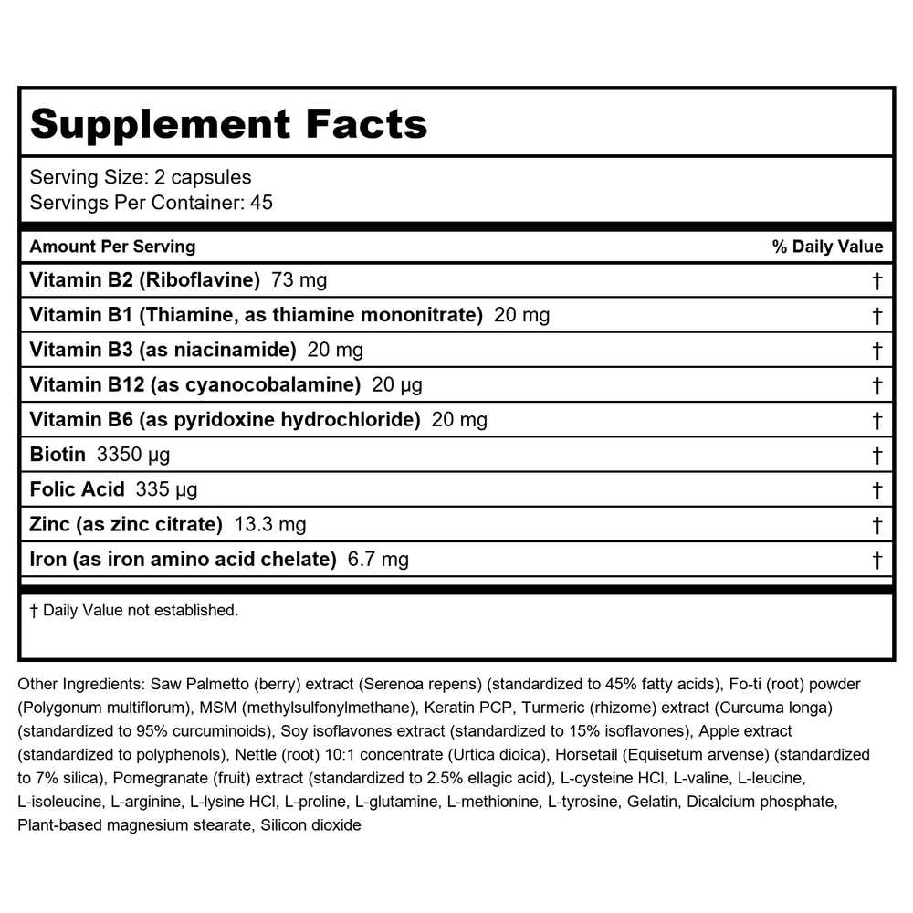 Regenepure - Advanced Hair Loss Formula with Biotin Maximum Strength - 90 Capsules - Supplement Facts panel
