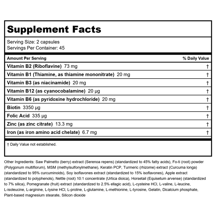 Regenepure - Advanced Hair Loss Formula with Biotin Maximum Strength - 90 Capsules - Supplement Facts panel