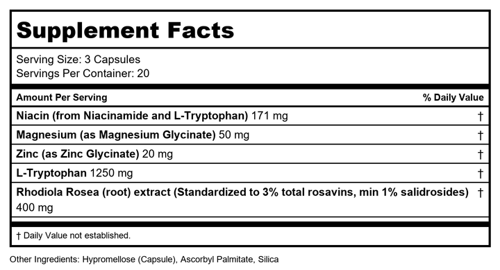 Natural Stacks - Serotonin Brain Food Positive Mood Support - 60 Vegetarian Capsules - Supplement Facts panel