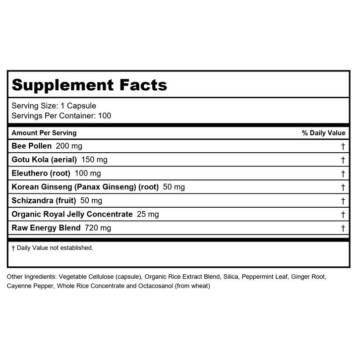 Honey Gardens Premier Raw Energy Extreme 720mg 100 Vcaps - Supplement Facts panel