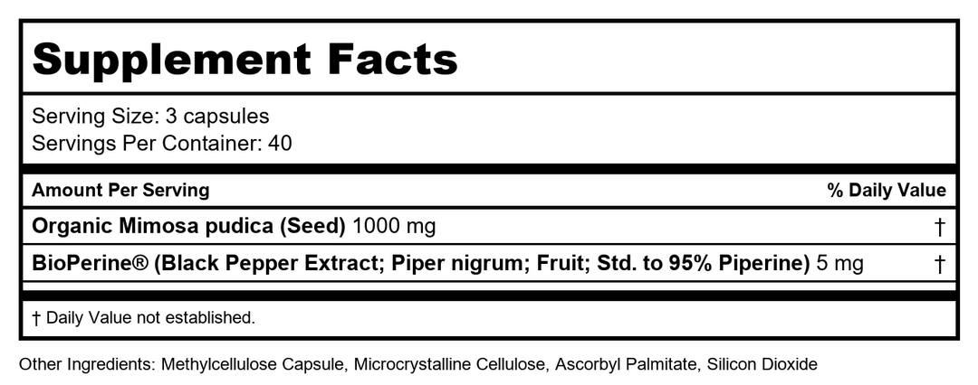 Codeage - Amen Mimosa Pudica Seed Capsules - 2 Month Supply - Organic Mimosa Pudica - 120 Vegetable Capsule(s) - Supplement Facts panel