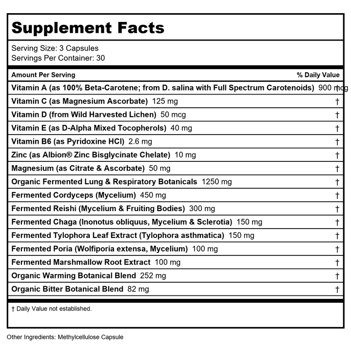 Codeage - Lungs Vitamins A, C, D, E, B6, Milk Thistle, Zinc &amp; Magnesium, Cordyceps, Reishi - 90 Capsules - Supplement Facts panel