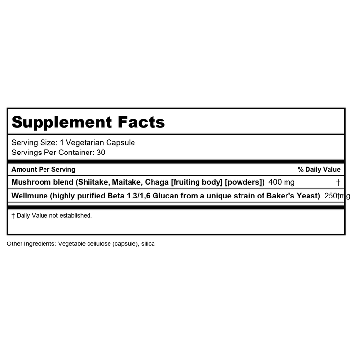 Life Extension - Mushroom Immune with Beta Glucans - 30 Vegetarian Capsules - Supplement Facts panel