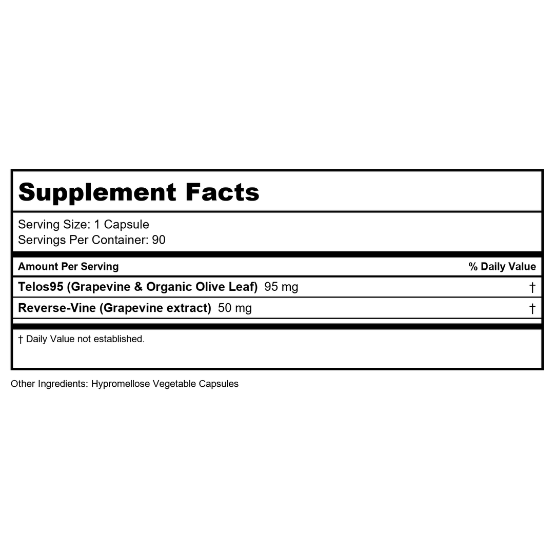 Longevity by Nature - Telos95 Telomere Health Support - 30 Capsules - Supplement Facts panel