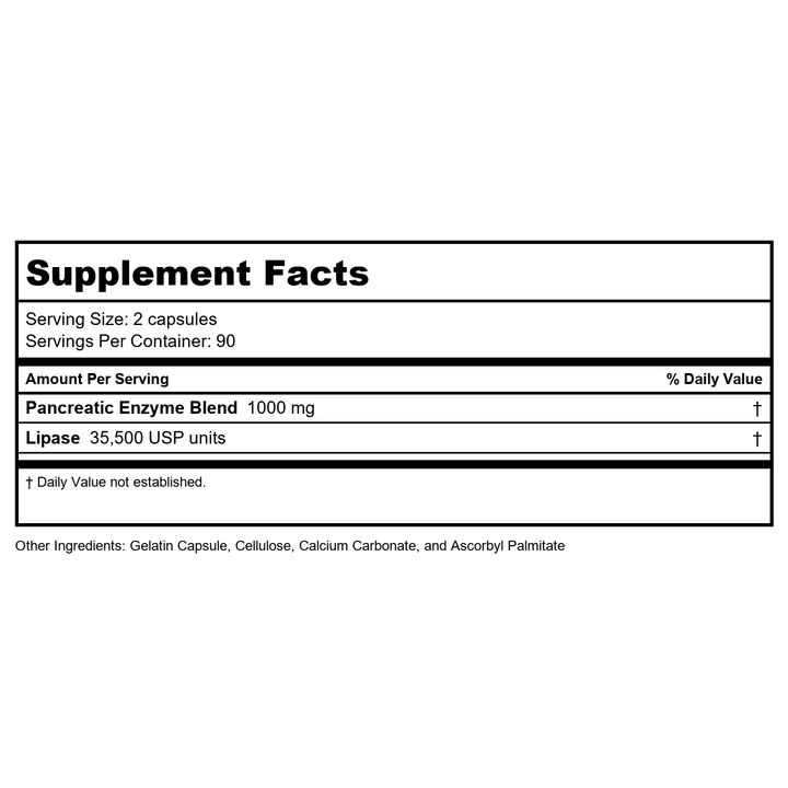 Vital Nutrients Pancreatic Enzymes 1000mg 180 Capsules - Supplement Facts panel
