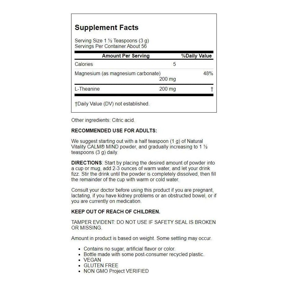 Natural Vitality Calm Mind unflavored 6oz - Supplement Facts panel
