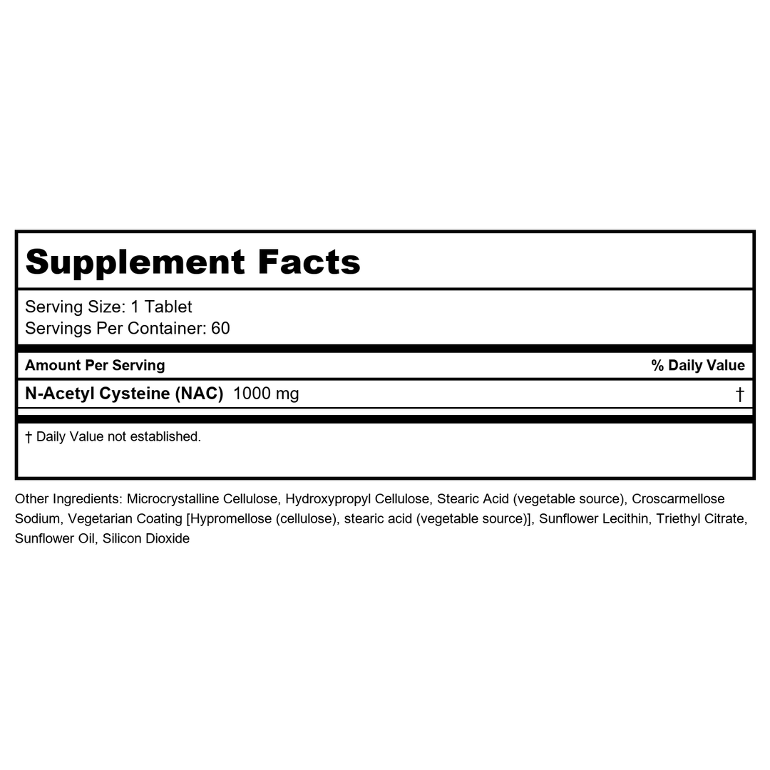 Now NAC 1000mg 60 Tablets - Supplement Facts panel