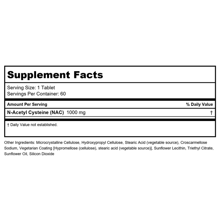 Now NAC 1000mg 60 Tablets - Supplement Facts panel