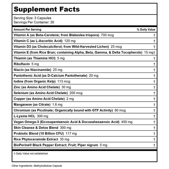 Codeage - Clearface Pantothenic Acid, Niacin, Vitamins A, C, D3, E, FloraFIT Probiotics - 90 Capsules - Supplement Facts panel