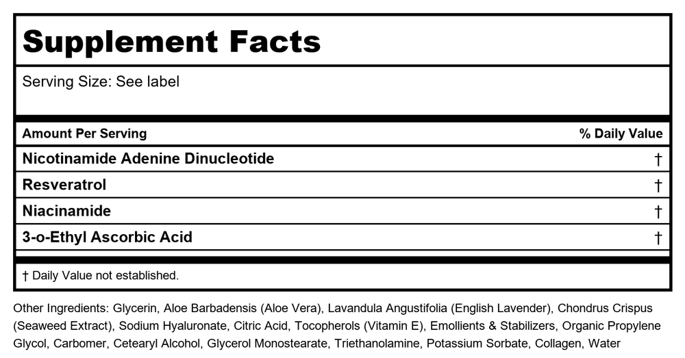 Codeage - NAD+ Reservatol Face Serum - 3.4 fl. oz. - Supplement Facts panel