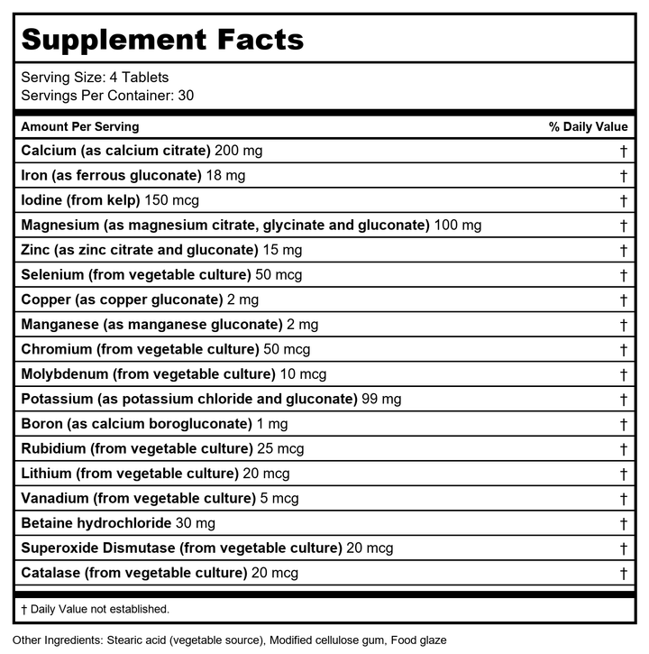 Biotics Research Multi-Mins 120 Tablets - Supplement Facts panel