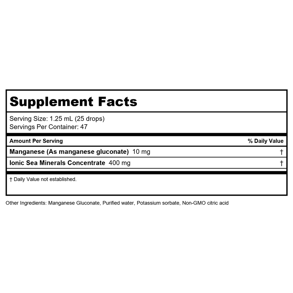 BodyBio Liquid Manganese 2oz - Supplement Facts panel